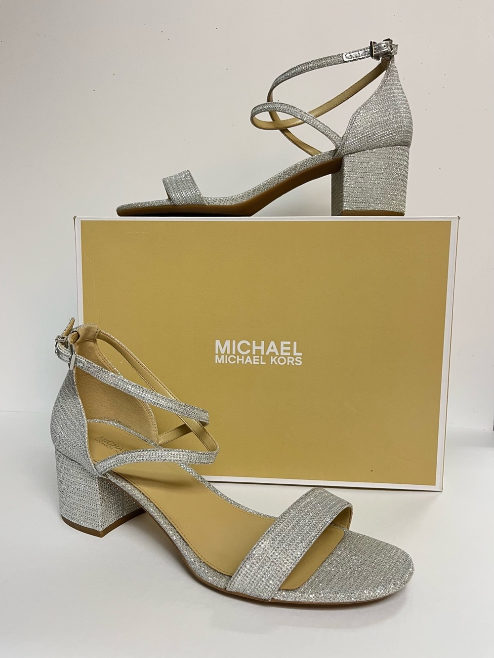 Michael Kors Silver Glitter Crisscross Block Heel Sandals